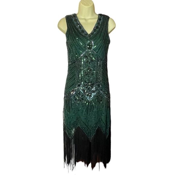 Metme Green Black Beaded 20s Flapper Dress Costume, size XS - Picture 1 of 8